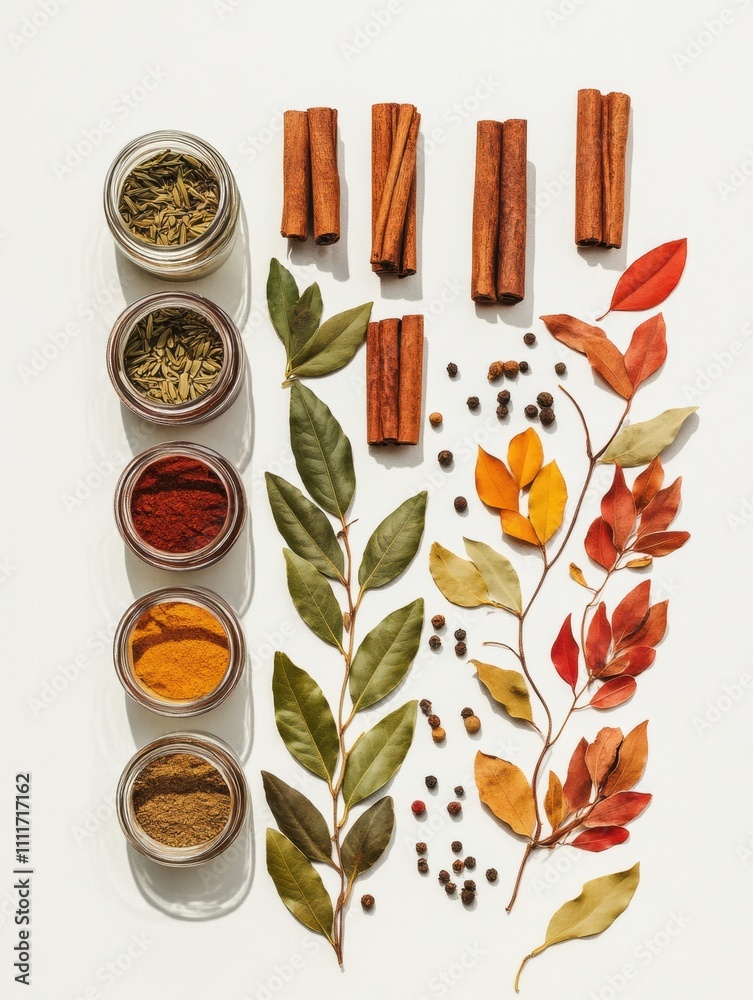 Aufkleber Various jars filled with colorful spices are neatly arranged alongside bay leaves and cinnamon sticks on a clean white background. Generative AI