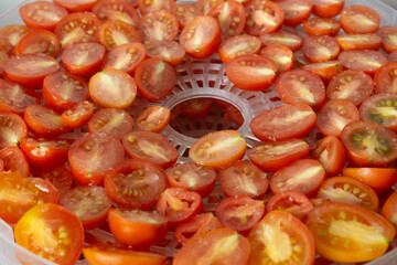 Cherry tomatoes cut in half in the dehydrator