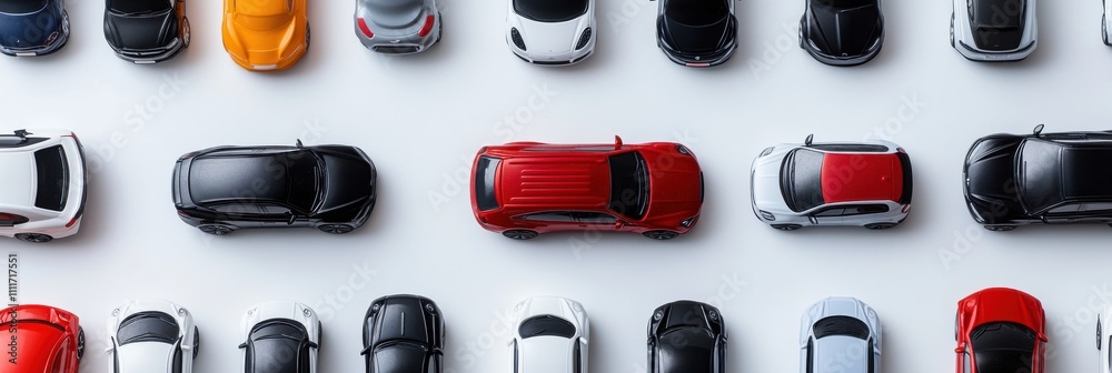 Poster Miniature replicas of various cars are neatly arranged on a white surface, offering an ideal backdrop for adding customized text and designs. Generative AI