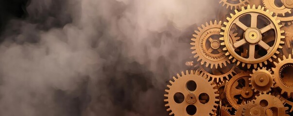 Gears and cogs in motion, framed by a smoky background for an industrial feel.