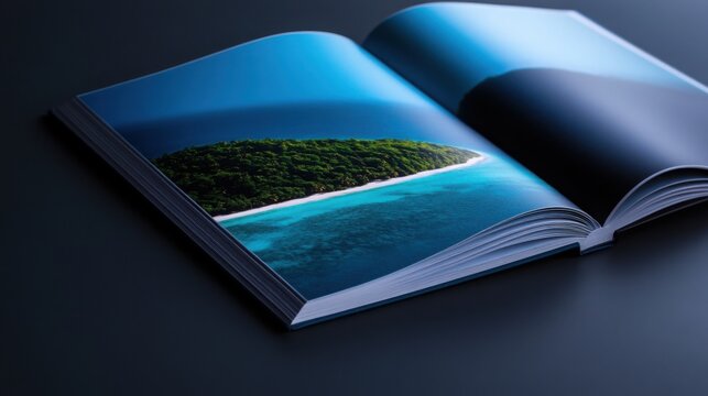 a travel magazine open to a stunning two-page spread of a tropical island