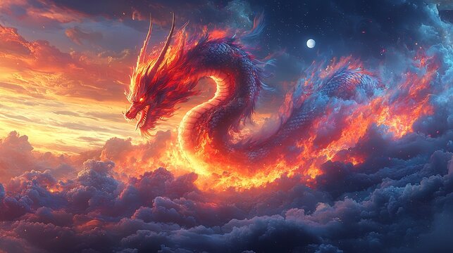 Dynamic fire throwing dragon in mid roar with colorful flames and glowing eyes against a bright moonlit sky