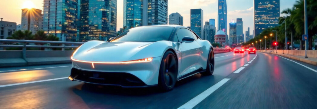 futuristic autonomous car is parked against vibrant illuminated cityscape. sleek driverless vehicle embodies innovative transportation technology.  smart city, future technology, automotive concept. 
