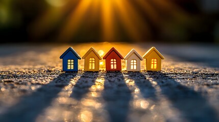 Quaint miniature houses, colorful details, sunlit scene with shadows