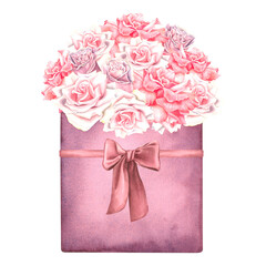 A square gift box with a bouquet of pink roses tied with dark red bow. Hand drawn watercolor illustration of flowers on isolated background. Valentines day aesthetic nature concept. 8 March card idea.