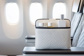 Airline amenities comfort and premium A stylish travel toiletry bag sits on an airplane seat, featuring various beauty products against a backdrop of airplane windows.