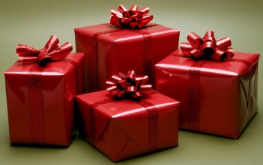 Obraz premium Red Christmas presents on an olive green background with lots of white space