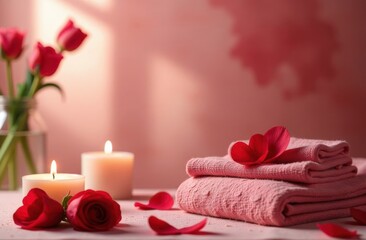 Festive romantic spa atmosphere. Special Valentine's Day gift offer for couples. Relaxing massage spa atmosphere: candles, aromatherapy, flowers, rose petals, dim lighting.