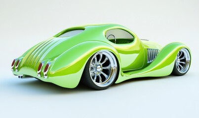 Naklejka premium Sleek Green Custom Car Design: Chrome Wheels, Elegant Curves, Classic Coupe, Futuristic Style, Retro Vibe, Shiny Paint, Detailed Tail Lights, Powerful Engine, Smooth Body, Luxury Vehicle.