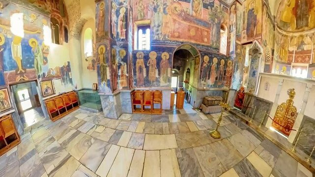 Studenica, Kraljevo, Serbia, Sept 2,2024: top 360 view of interior of the Serbian Orthodox church of the Virgin in Studenica monastery dedicated to Holy Virgin and UNESCO site of Serbia.