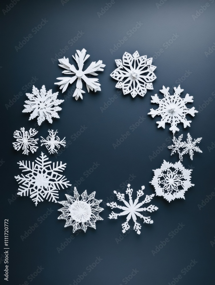 Aufkleber delicate handcrafted paper snowflakes create a circular design, providing blank areas for personaliz
