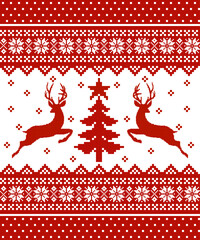 Red christmas ornament pixel seamless pattern. Pixelated deer near new years trees.