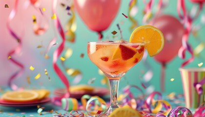 Vibrant birthday celebration with confetti, balloons, and festive cocktail drink with copy space