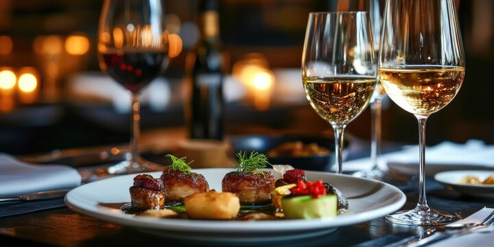 Elegant fine dining experience complemented by exquisite wine selection, capturing the essence of fine dining and wine indulgence in a sophisticated atmosphere. Enjoy fine dining and wine together.