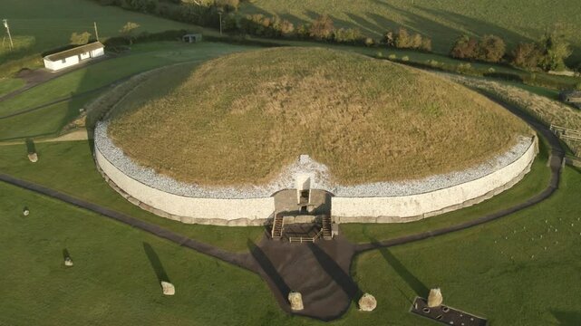 Newgrange At Bru na Boinne, Renowned Prehistoric Monument At County Meath in Ireland. - aerial shot