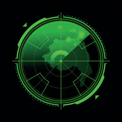Radar screen green scanning surrounding and incoming aerial traffic realistic vector illustration