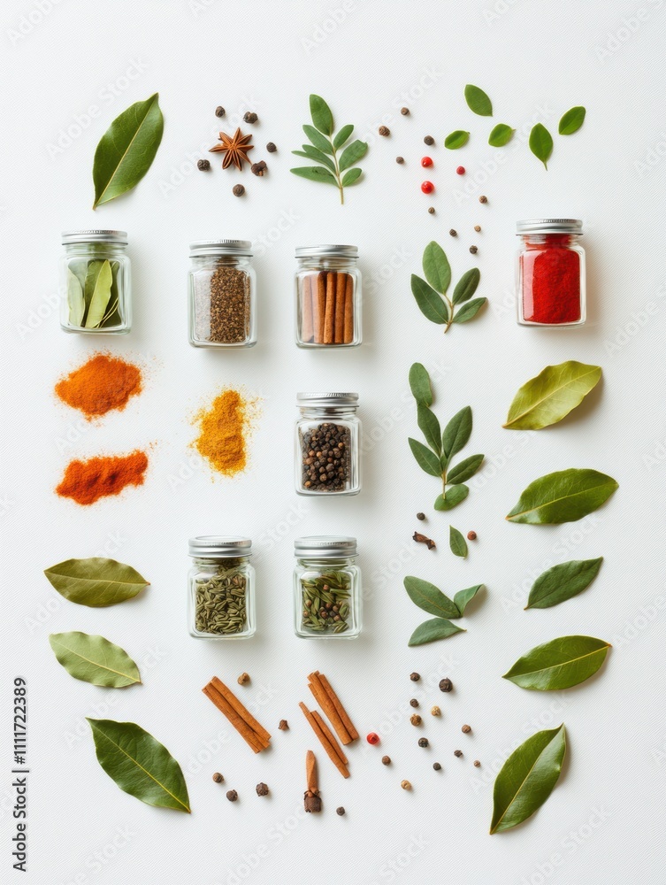 Aufkleber colorful spice jars and aromatic herbs are beautifully arranged on a white surface, creating an invi