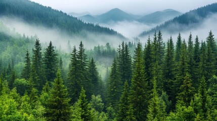 Foggy Mountain Landscape with Lush Evergreen Trees