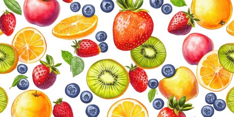 Vibrant Watercolor Fruit Pattern: Juicy Strawberries, Kiwis, Oranges, Apples and Blueberries