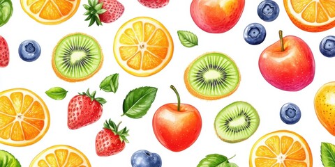 Naklejka premium Vibrant Watercolor Fruit Pattern: Juicy Oranges, Kiwis, Strawberries, Cherries and Blueberries