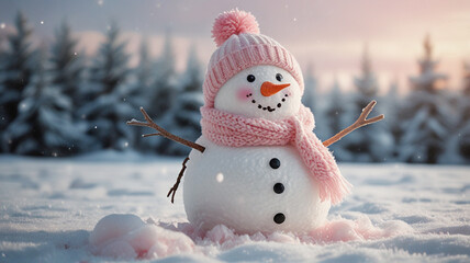 Obraz premium Adorable snowman wearing a pink hat and scarf, smiling amidst a snowy background. Captures the joy and charm of a winter wonderland scene, conveying warmth and happiness in the cold season.