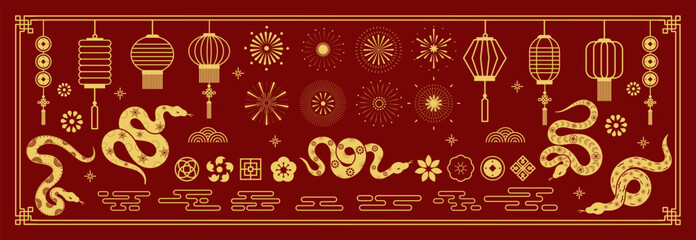 Happy Chinese New Year 2025 Icons vector set. Chinese Lanterns, snake, firework, fan, cloud, coin, cherry blossom flower isolated icons of Asian Lunar New Year holiday decoration vector.
