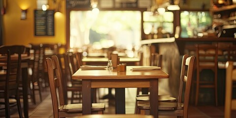 Charming restaurant interior featuring wooden tables and chairs, ideal for dining experiences. The restaurant s cozy ambiance is highlighted through a close up view of the interior, with soft focus