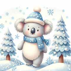 Cute christmas koala in knitten hat and christmas tree on a winter landscape