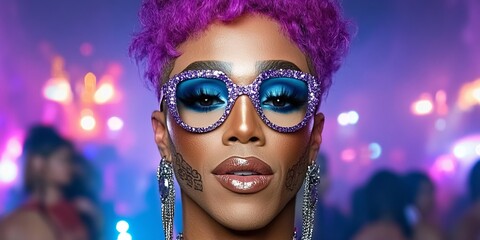 Obraz premium Glamour and Confidence: A striking portrait of a stylish individual with vibrant purple hair, dazzling blue sunglasses, and intricate makeup, radiating charisma and self-assurance. 