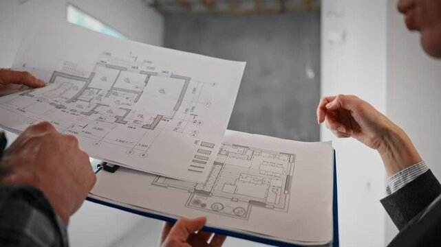 two people are looking at a floor plan of a house