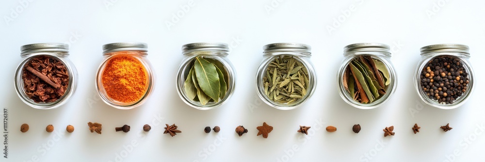 Aufkleber small glass jars display an assortment of vibrant spices alongside bay leaves and cinnamon sticks, c