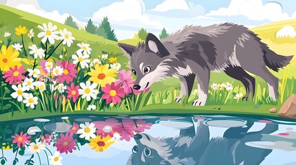 A black dog is standing in front of a body of water