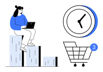 Woman working on laptop while sitting on bar chart with clock and shopping cart notification icon. Ideal for business growth, time management, online shopping, e-commerce, productivity, digital