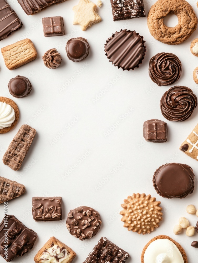 Aufkleber A tempting assortment of sweets and cookies features delightful shapes, arranged in a circular display with space for text. Generative AI