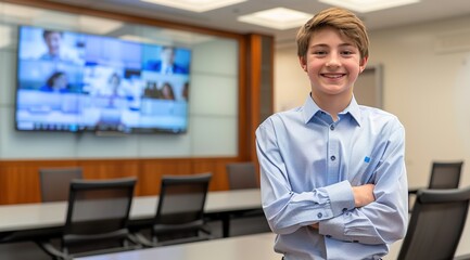 Obraz premium Portrait of cheerful businessman with arms folded standing in conference room