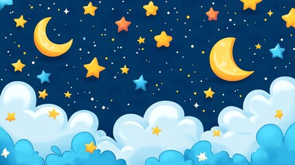 Colorful night sky with stars and moons illustration.