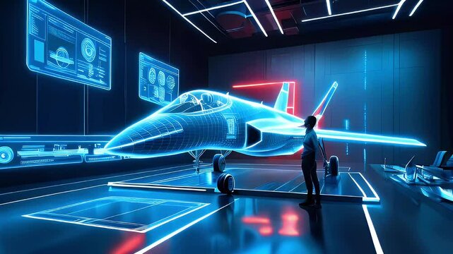 A futuristic holographic display of a jet aircraft in a high-tech environment.