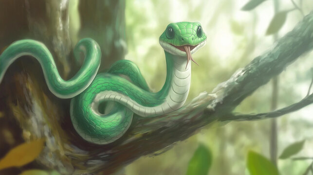 A kind green snake with a white belly in a cartoon style hangs on a tree branch