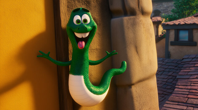 A kind green snake with a white belly in a cartoon style hangs on a tree branch