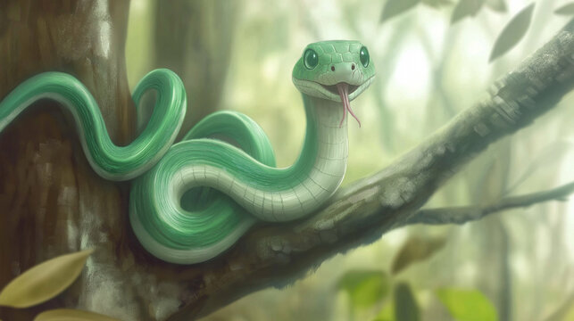 A kind green snake with a white belly in a cartoon style hangs on a tree branch