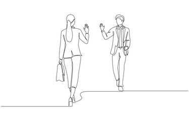 Continuous one line drawing of businessman walking past businesswoman and waving at each other, greeting between colleagues in company, friendship in workplace concept, single line art