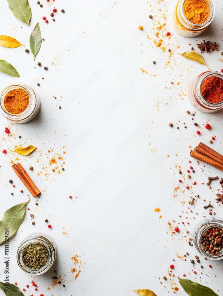 Aufkleber Various small jars filled with vibrant spices, bay leaves, and cinnamon sticks create an aromatic setting with plenty of space for text. Generative AI