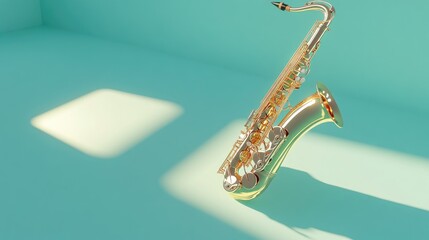 Saxophone Music Instrument: Golden Tenor Sax Plays Smooth Jazz Notes Beautifully in a Teal Room