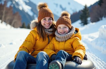 Obraz premium A happy family rides a tubing