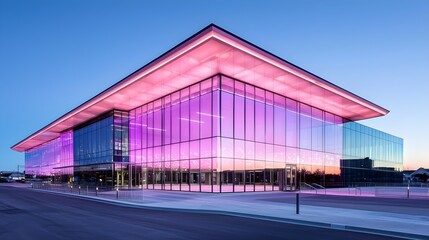 Fototapeta premium Urban building close-up, illuminated with neon pink and teal lights at dusk, geometric patterns in facade, sleek and sophisticated details
