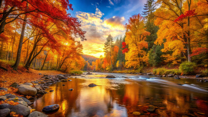 vibrant autumn landscape unfolds with dense forest ablaze in red, orange, and yellow hues, reflecting in serene river under dramatic sky