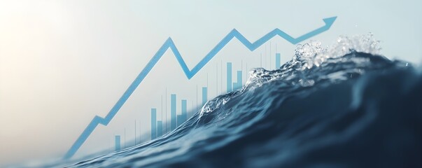 A blue line graph rises above a wave, symbolizing growth and progress in water, blending finance with nature.