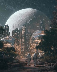 Obraz premium Futuristic cityscape with astronauts exploring a lunar environment.