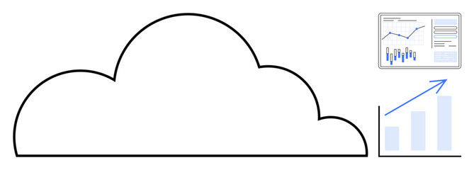 Large cloud outline with a graphical chart, bar graph, and arrow moving upwards. Ideal for data storage, cloud services, business growth, technology, analytics, finance, and IT solutions. Line