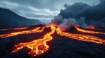 Fototapeta premium Lava flowing from an erupting volcano with smoke and clouds in the background.